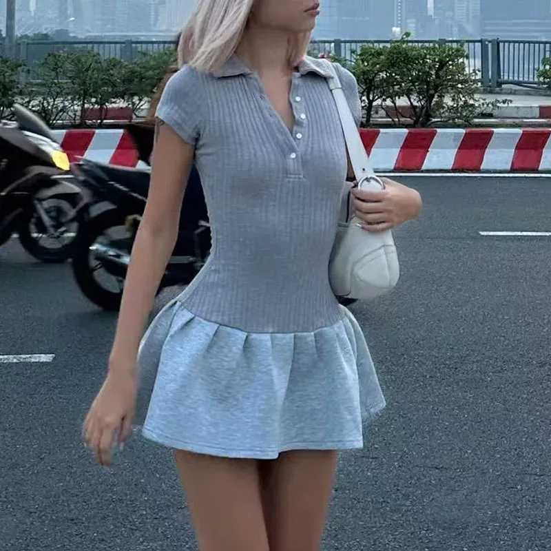 Women Fashion Sexy Splicing Solid Color Lapel Short-Sleeve Slim-Fit Dress