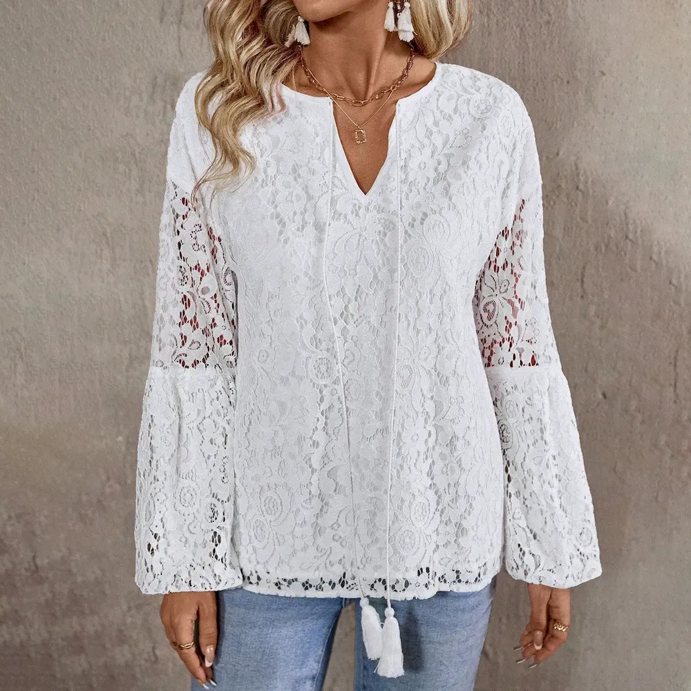 Women Fashion Elegant Lace Stitching V-Neck Long Sleeve Blouse