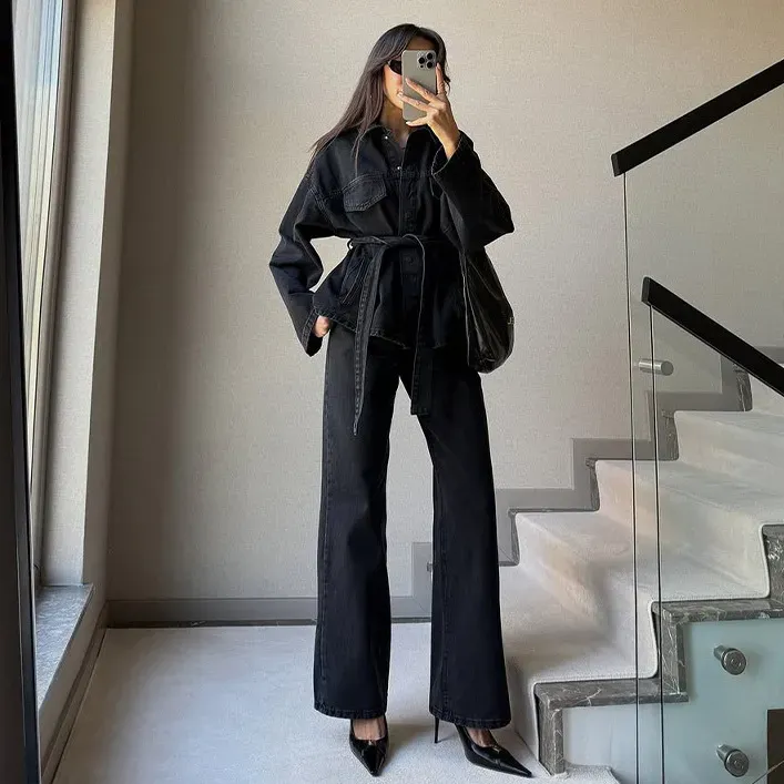 Women Fashion Casual Solid Color Denim Lapel Long Sleeve Coat Loose Jeans Two-Piece Set