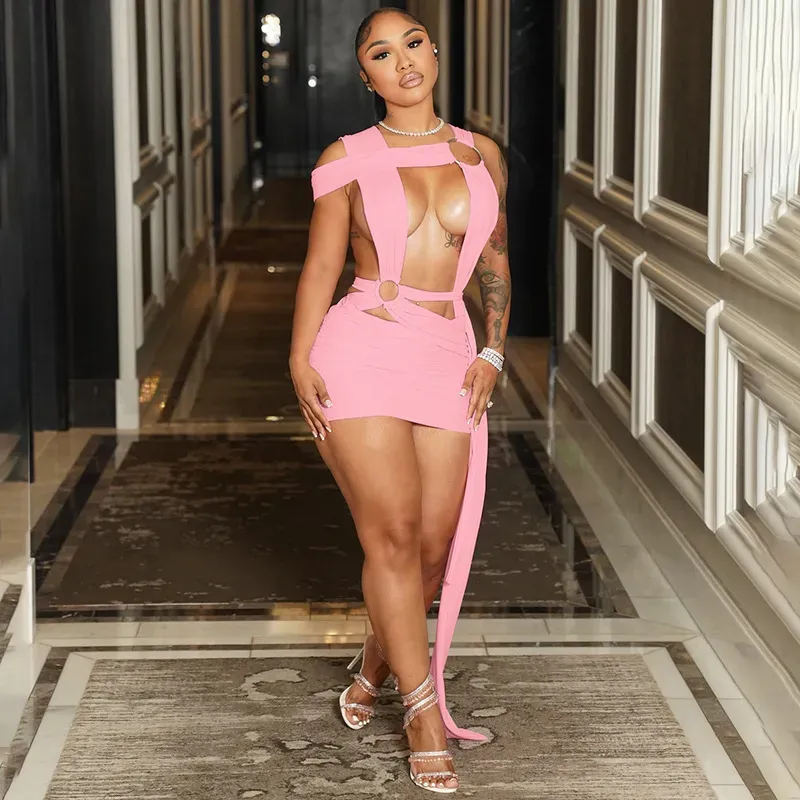 Women Fashion Sexy Solid Color Irregular Ring Hollow-Out Cross Sleeveless Tight Dress