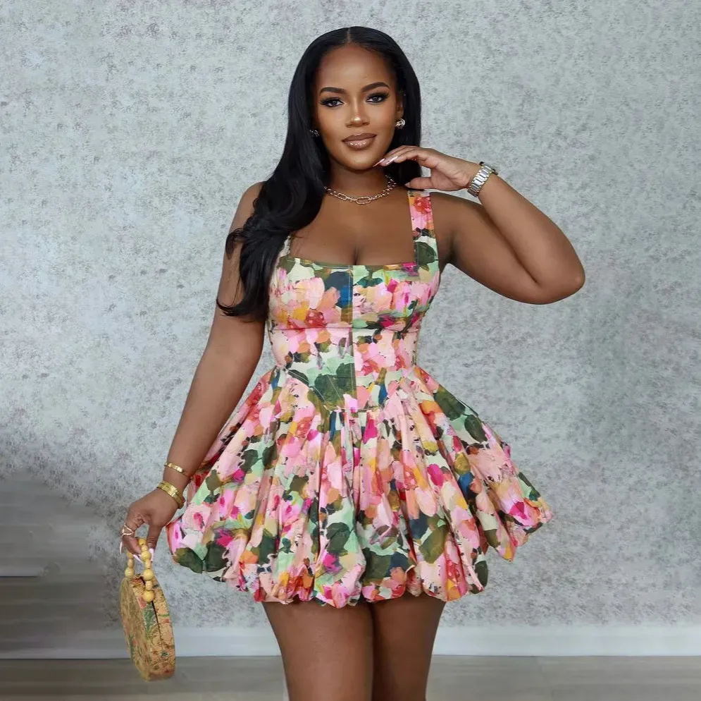 Women Fashion Sexy Floral Printed Sleeveless Backless Bubble Dress