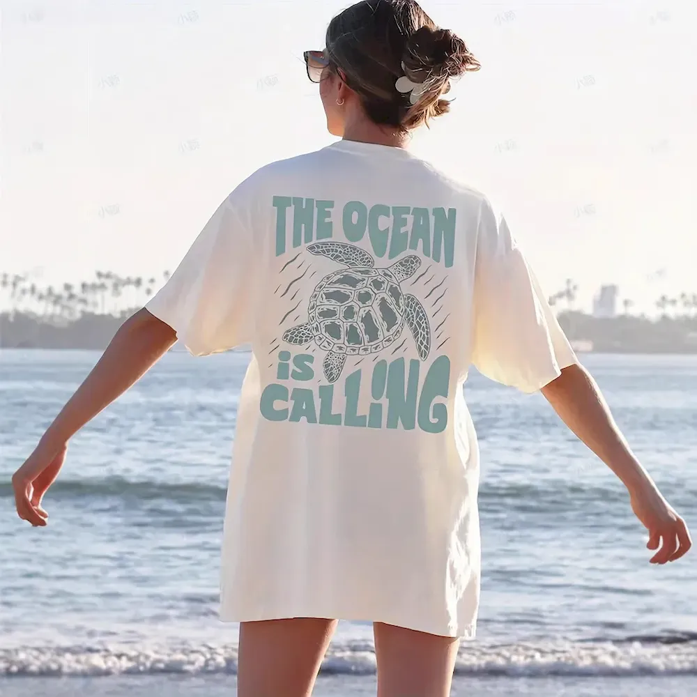 Women Fashion Casual Letter And Turtle Printed Round Neck Short-Sleeve T-Shirt