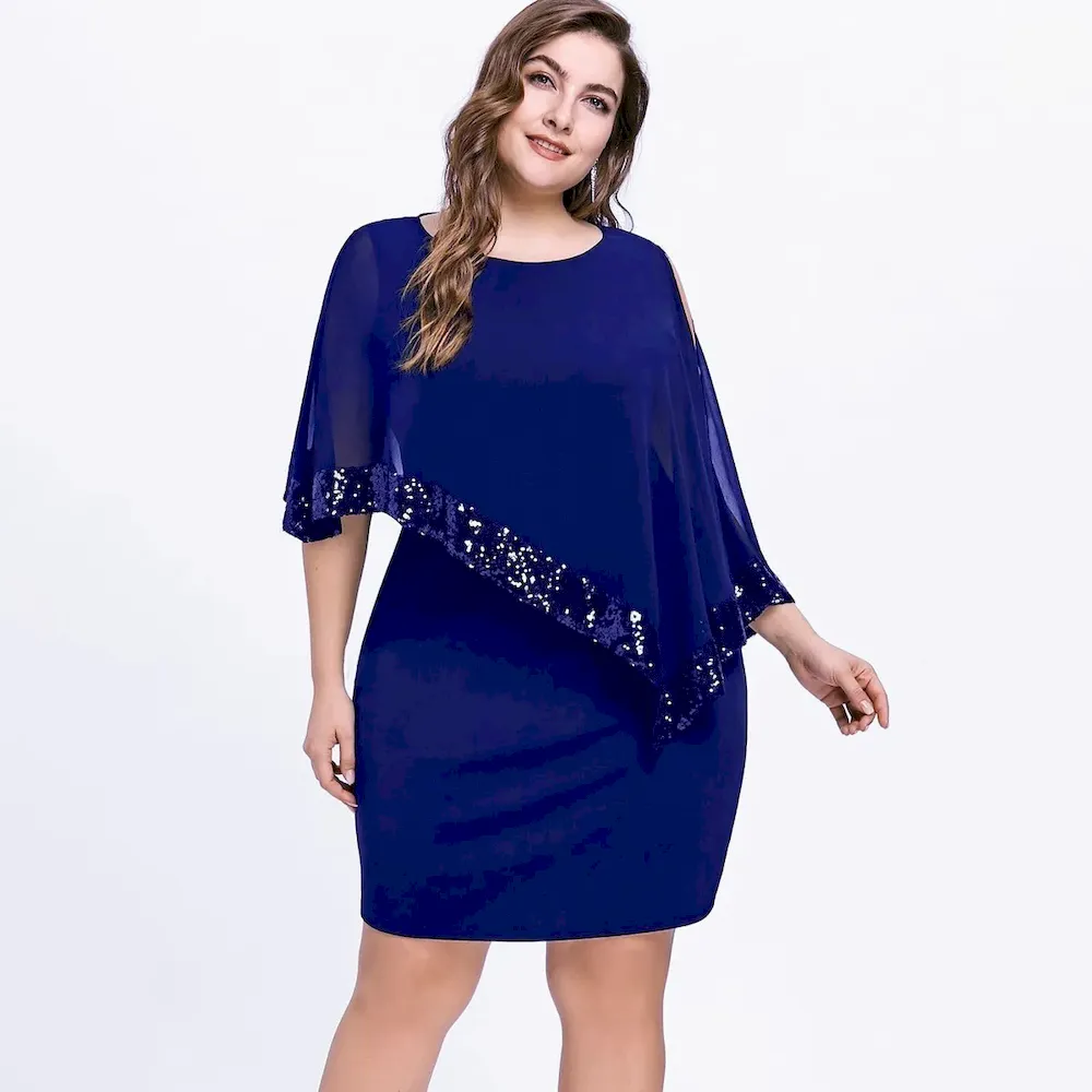Women Fashion Irregular Plus Size Sequins Stitching Short-Sleeve Slim Fit Dress