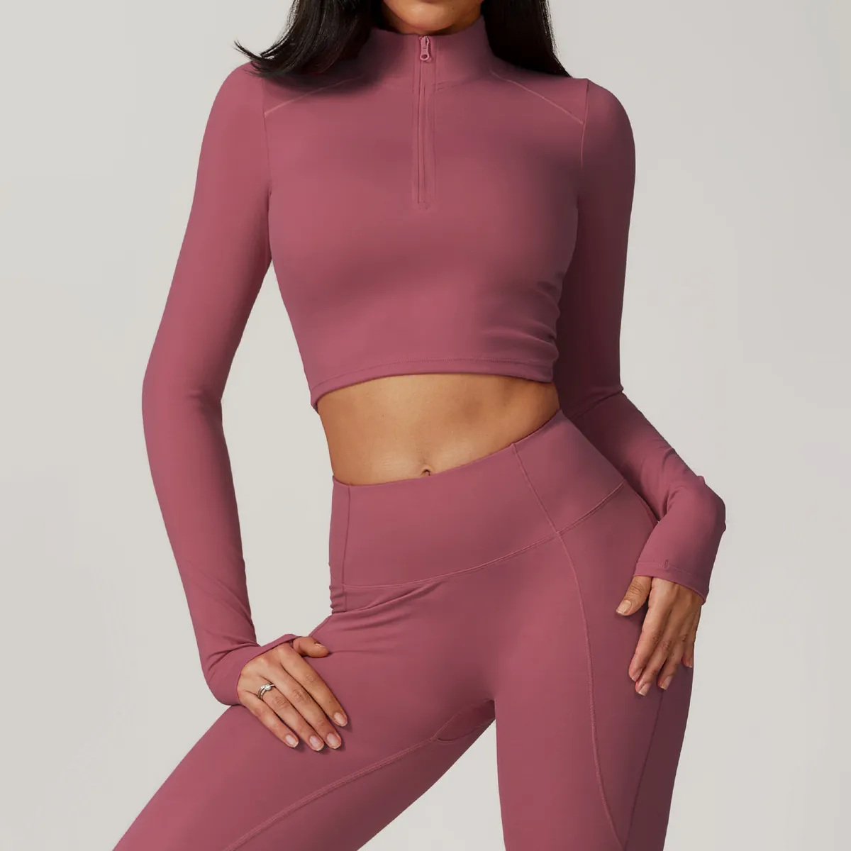 Women Fashion Casual Solid Color Long-Sleeve Half-Zipper Tight Quick-Drying Yoga Sports Top
