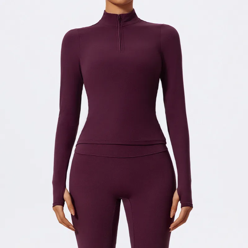 Women Fashion Solid Color Half-Zipper Long-Sleeve Finger Exposed Yoga Sports Top
