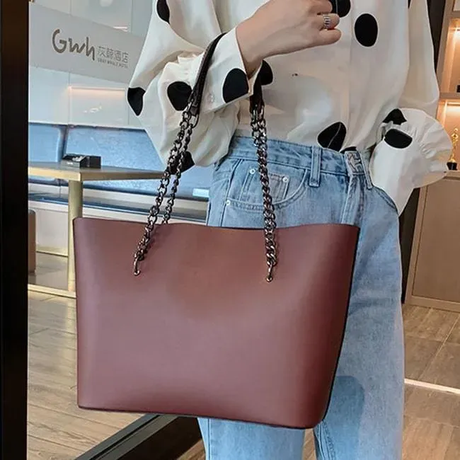 Women Casual Metal Chain Handle Solid Color PU Large Capacity PU Shoulder Bag