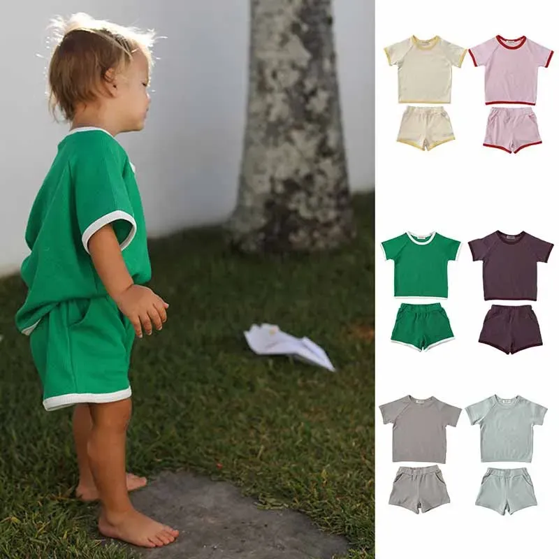 Wholesale Kids Baby Boys Girls Casual Cute Solid Color Rib-Knit Short Sleeve T-Shirt Shorts Set
