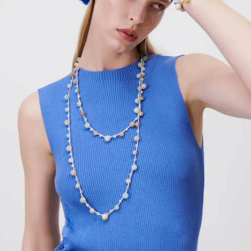Wholesale Women Fashion Retro Ball Stone Hand Woven Double Layer Beaded Long Necklace
