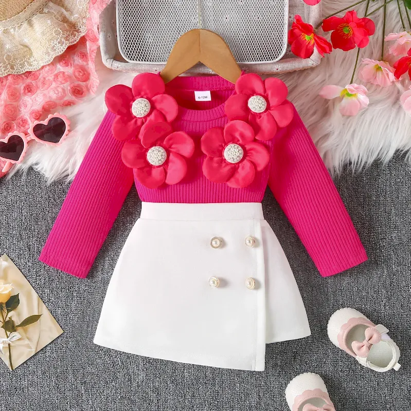 Wholesale Baby Girl'S Fashion Cute Flower Decoration Long-Sleeve Top Buckle Irregular Skirt Two-Piece Set