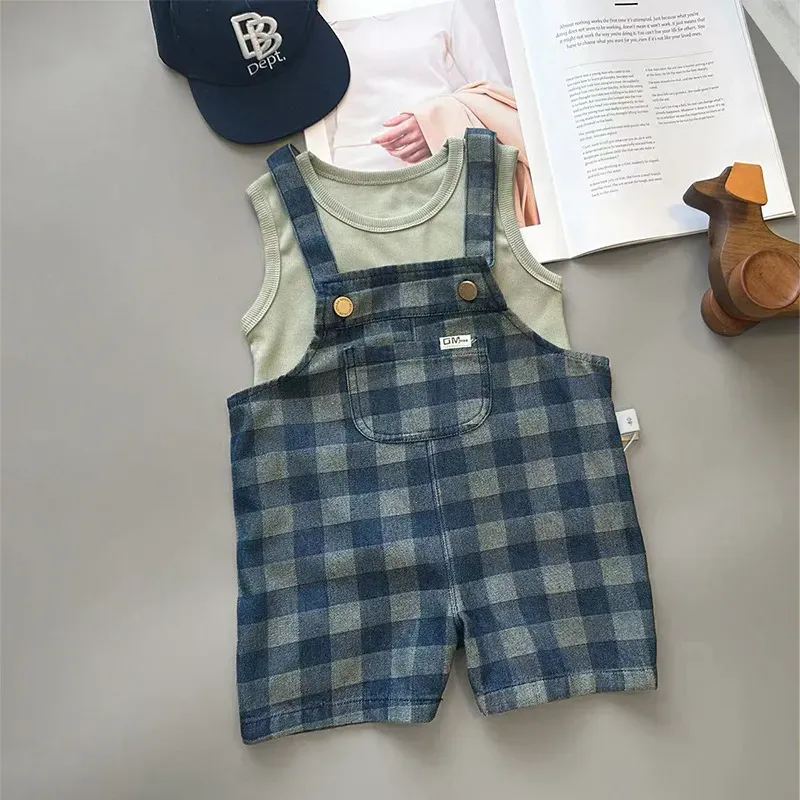 Wholesale Kids Boys Plaid Suspender Rompers