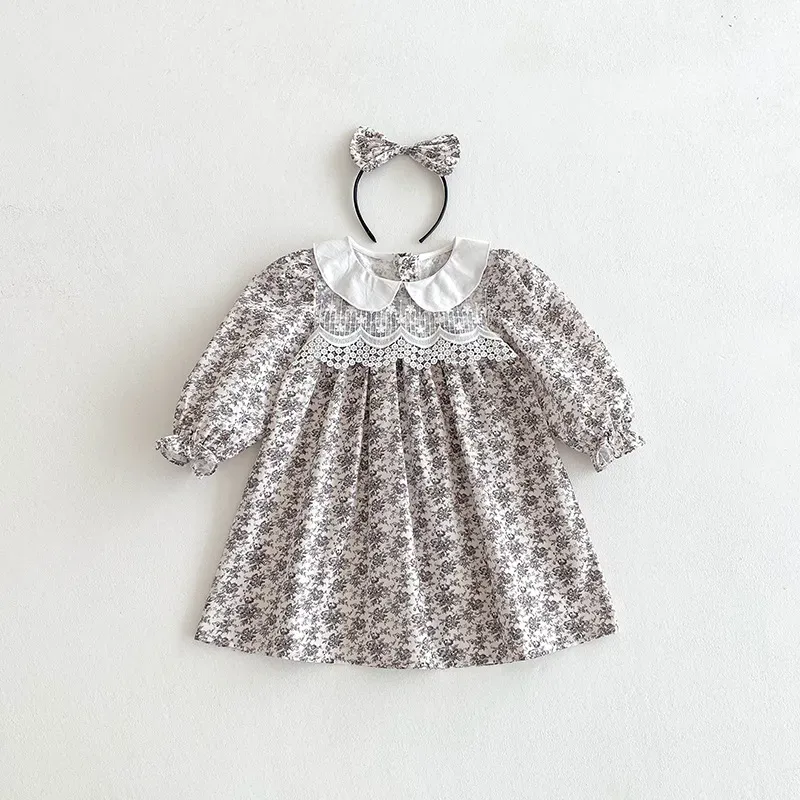 Wholesale Kids Girls Fashion Autumn Floral Printed Lace Lapel Long Sleeve Dress
