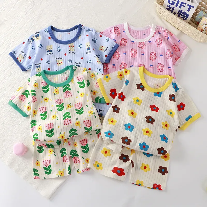 Wholesale Kids Toddler Boys Girls Summer Casual Cute Cartoon Floral Print Short Sleeve T-Shirt Shorts Set