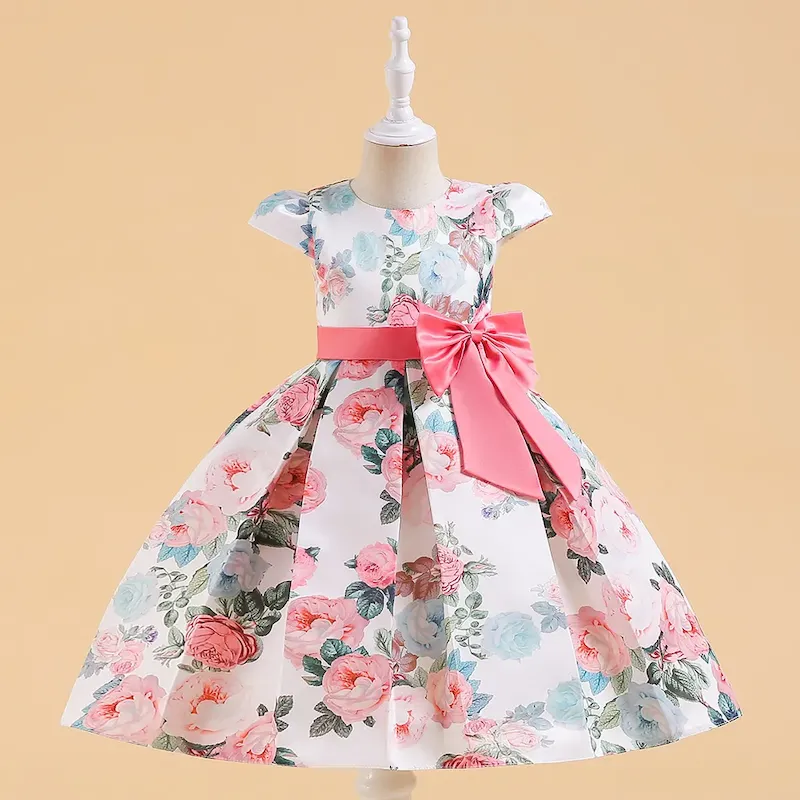 Wholesale Kids Girl'S Fashion Elegant Satin Floral Printed Bowknot Puff Sleeve Dress