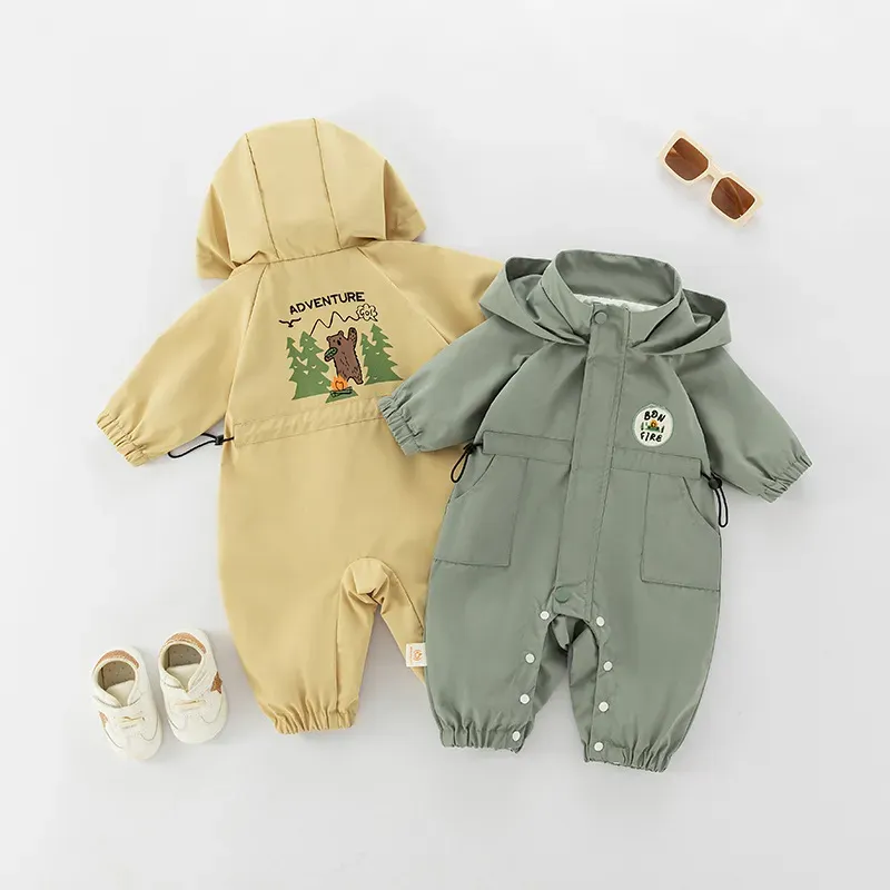 Wholesale Baby Boy Solid Color Hoodied Cargo Rompers