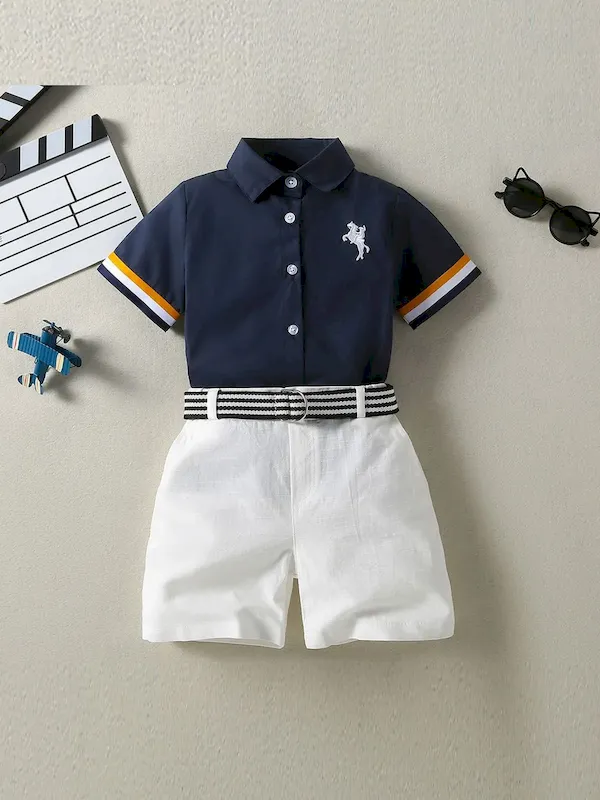 Wholesale Boys' Fashion Lapel Contrast Color Short-Sleeve Blouse Loose Shorts Two-Piece Set