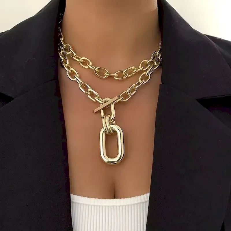 Wholesale Women Fashion Simple Metal Chain Necklace Two-Piece Set