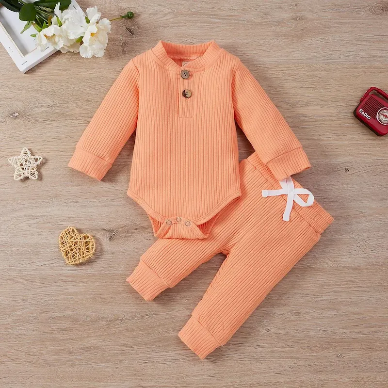 Wholesale Kids Bys And Girls Autumn And Winter Solid Color Stripes Long-Sleeve Bodysuits Drawstring Pants Two-Piece Set