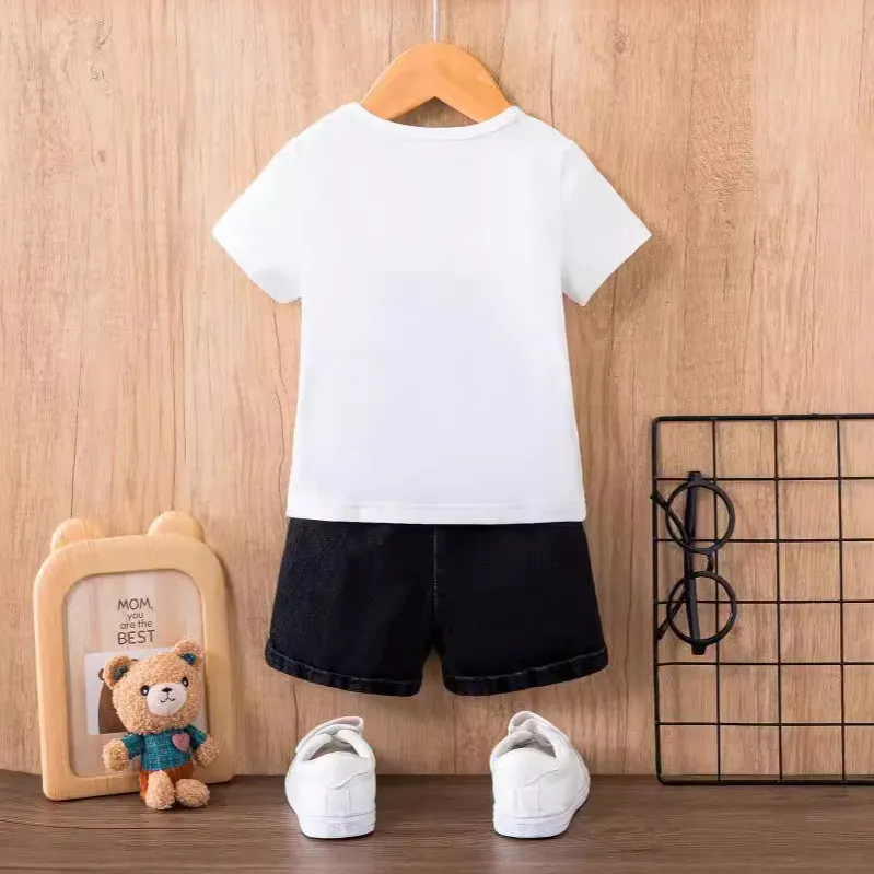 Wholesale Baby Boy Fashion Cute Cartoon Bear Print Short Sleeve T-Shirt Denim Shorts Two-Piece Set