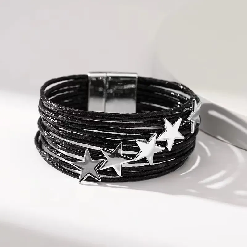 Wholesale Women Fashion Multi-Layer Leather Five-Pointed Star Magnetic Bracelet
