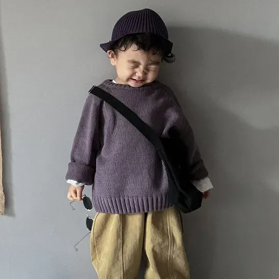 Wholesale Kids Boys And Girls Autumn And Winter Solid Color Round-Neck Long-Sleeve Sweater