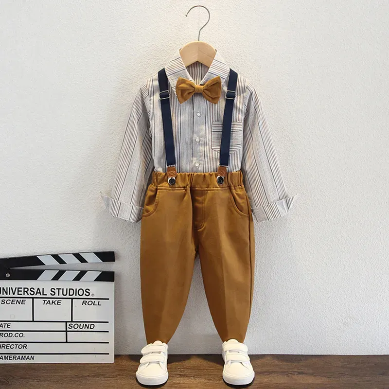 Wholesale Kids Toddler Big Boys Spring Autumn Fashion Casual British Style Bow Waistcoat Stripe Shirt Suspender Trousers Party Clothing Set
