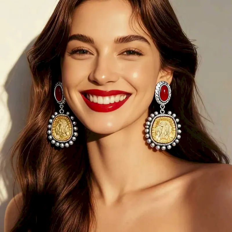 Wholesale Women Fashion Retro Geometric Alloy Inlaid Resin Earrings