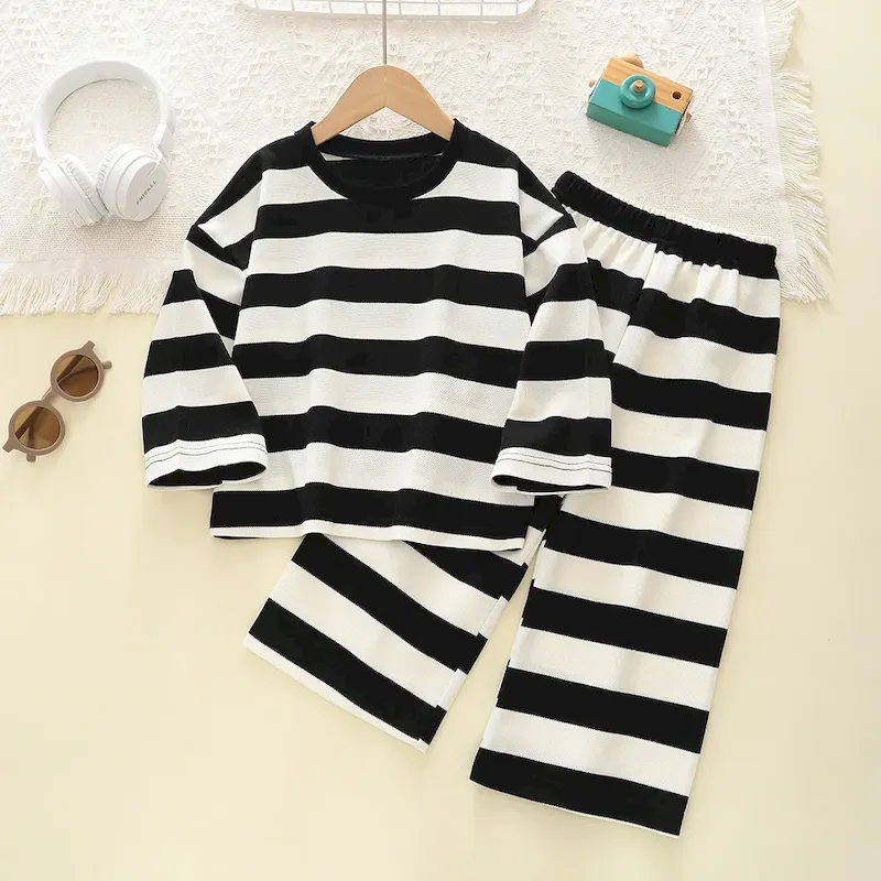 Wholesale Boy Fashion Casual Black White Wide Striped Long-Sleeve T-Shirt Loose Pants Two-Piece Set