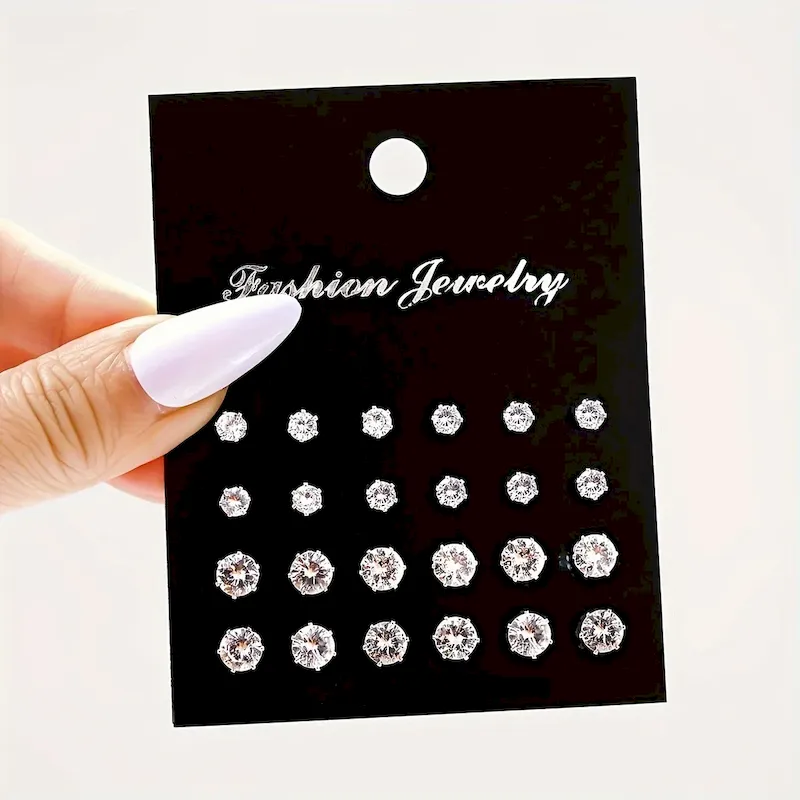 Wholesale Women Fashion Simple Rhinestone Earrings 12 Pair-Set
