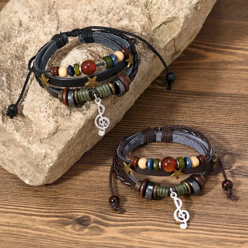 Wholesale Women Fashion Retro Beaded Leather Woven Bracelet