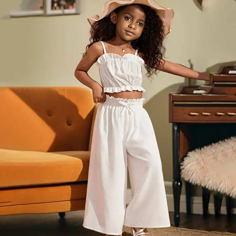 Wholesale Kids Toddler Girls Casual Cute Solid Color Flounced Camisole Trousers Sets