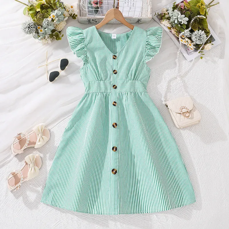 Wholesale Kids Girls Fashion Stripe V-Neck Flutter Sleeve Button Dress